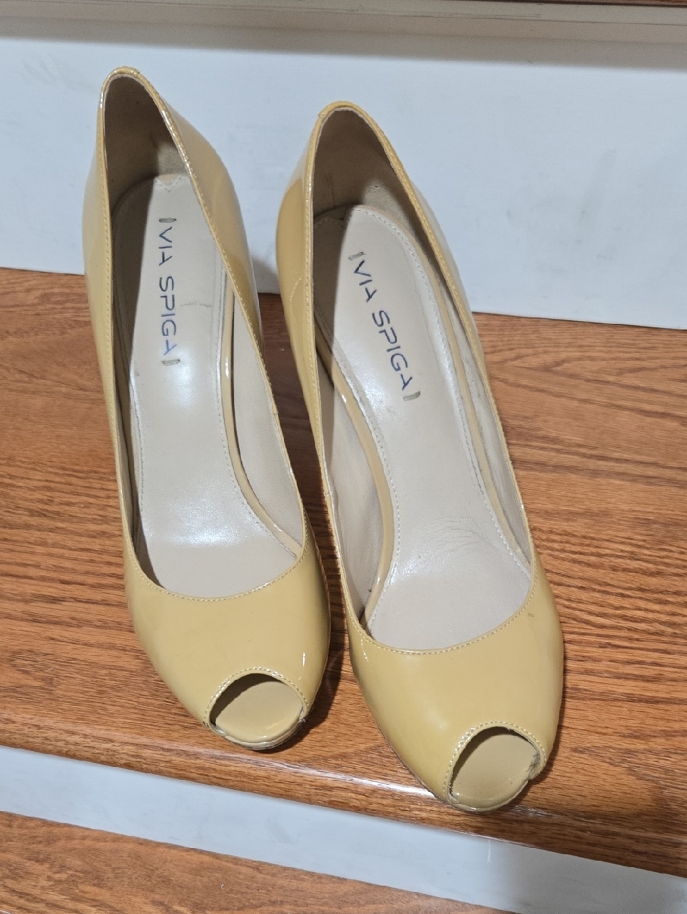 Via Spiga Yellow Patent Peep-Toe Heels
